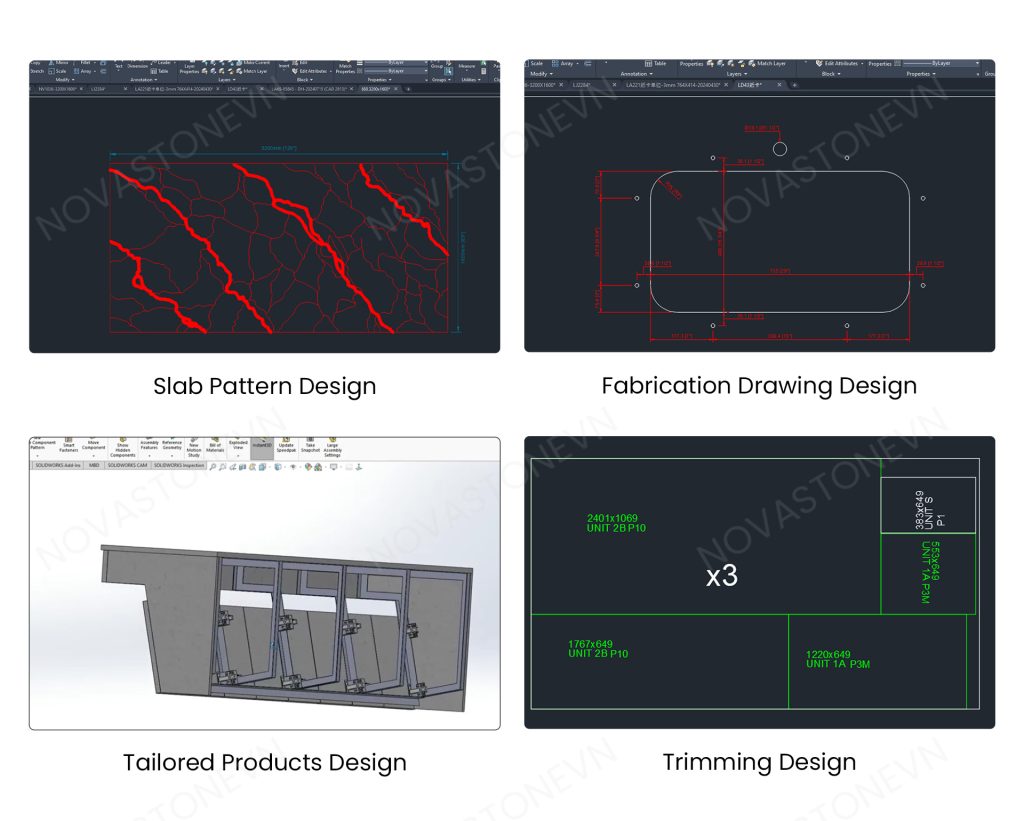 Our engineering team uses AutoCAD to generate precise fabrication drawings based on architectural plans, followed by optimized cutting layouts and container loading plans for project approval.