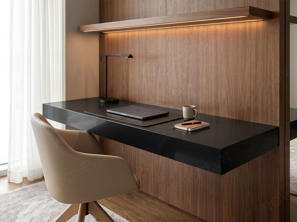 A premium hotel guest room workstation designed for modern hospitality projects, featuring a large desktop fabricated from pure solid black quartz slab with perfectly uniform monochromatic black surface