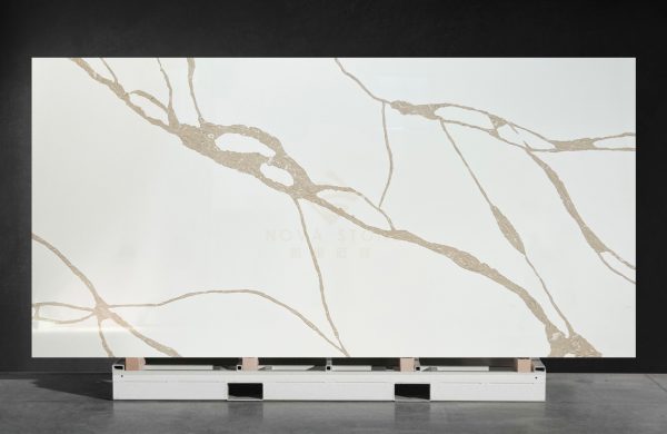 NV865 Quartz Calacatta Rose Gold Vein White Accent Walls Statement Stone Slabs